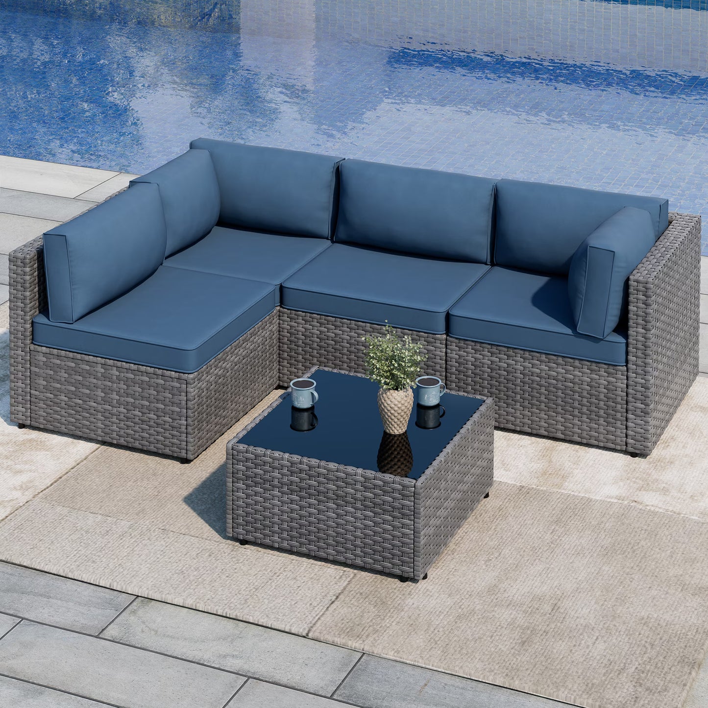 Walsunny 5 Pieces Outdoor Furniture Patio Sectional Sofa Set, Wicker Rattan Conversation Sets with Cushions and Glass Table, Silver Rattan Blue Cushions