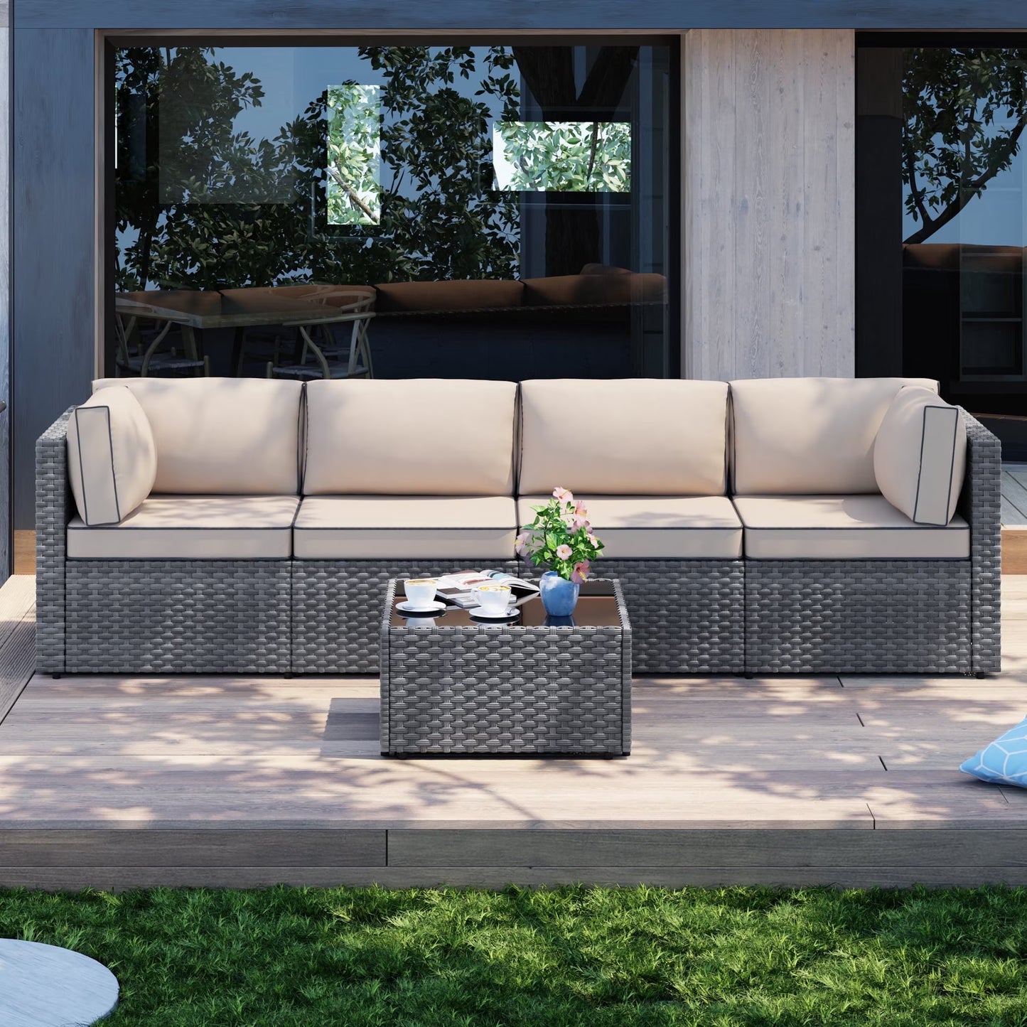 Walsunny 5 Pieces Outdoor Furniture Patio Sectional Sofa Set, Wicker Rattan Conversation Sets with Cushions and Glass Table, Silver Rattan Blue Cushions