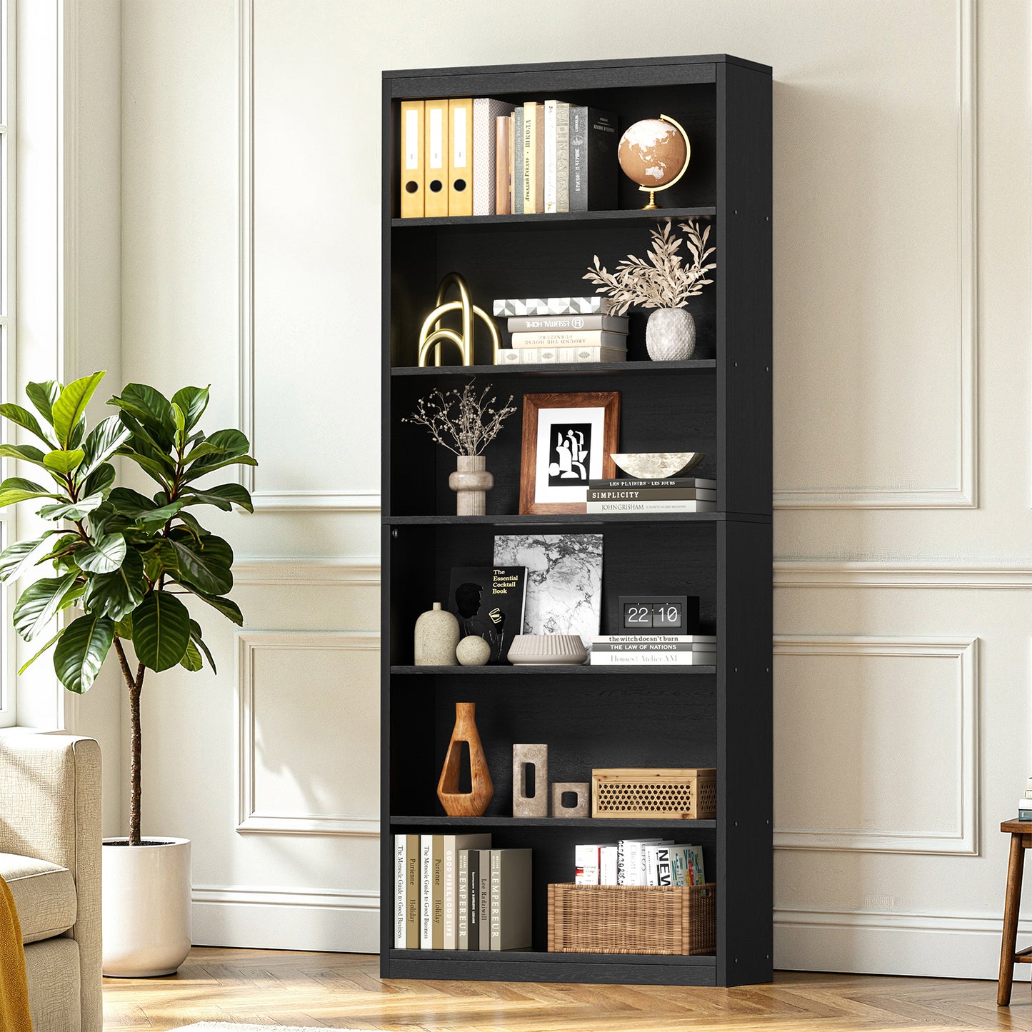 Walsunny 6 Tier Tall Bookshelf, Wooden Bookcase Display Shelf, Space-Saving Bookshelves with Deep Storage for Living Room, Office, Library