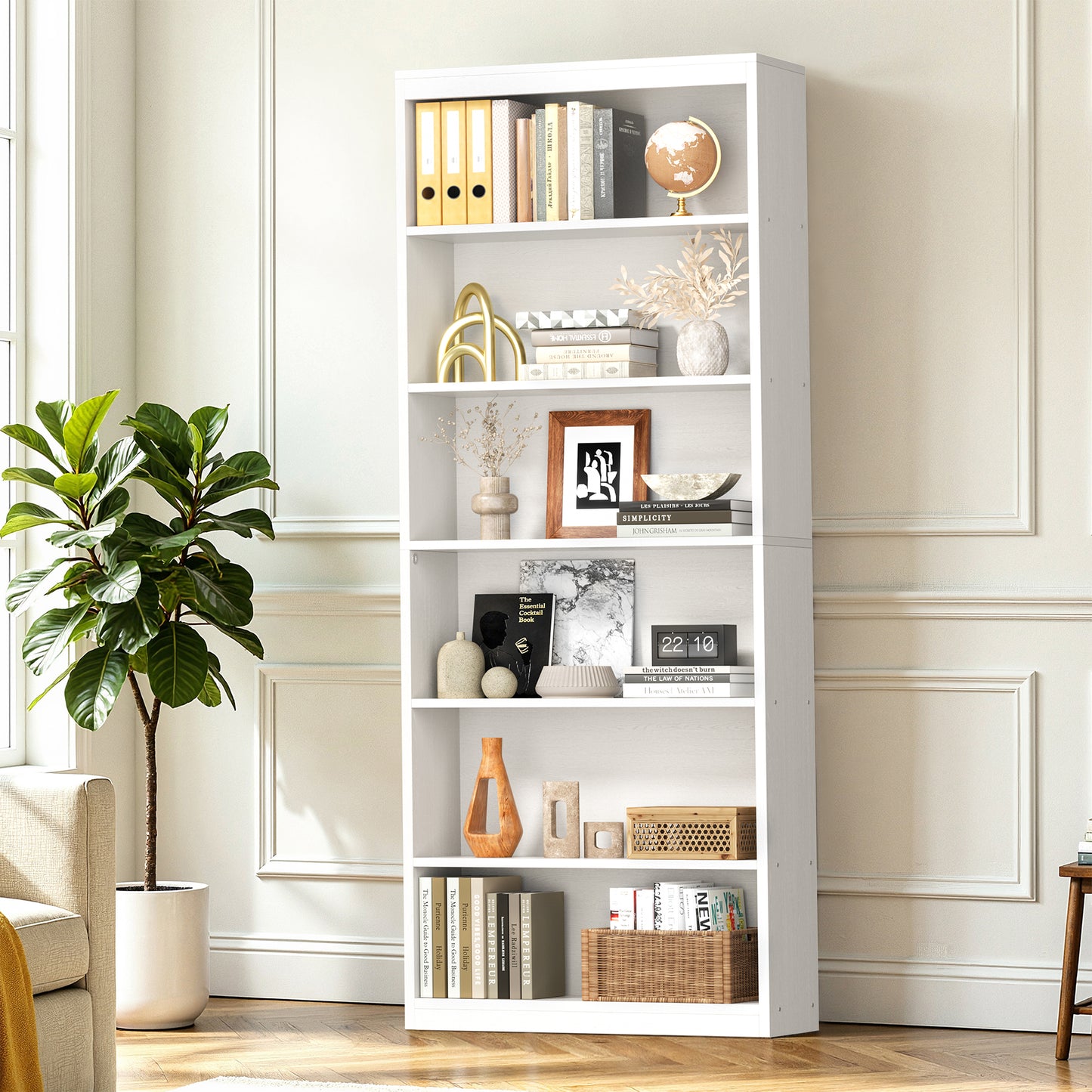 Walsunny 6 Tier Tall Bookshelf, Wooden Bookcase Display Shelf, Space-Saving Bookshelves with Deep Storage for Living Room, Office, Library