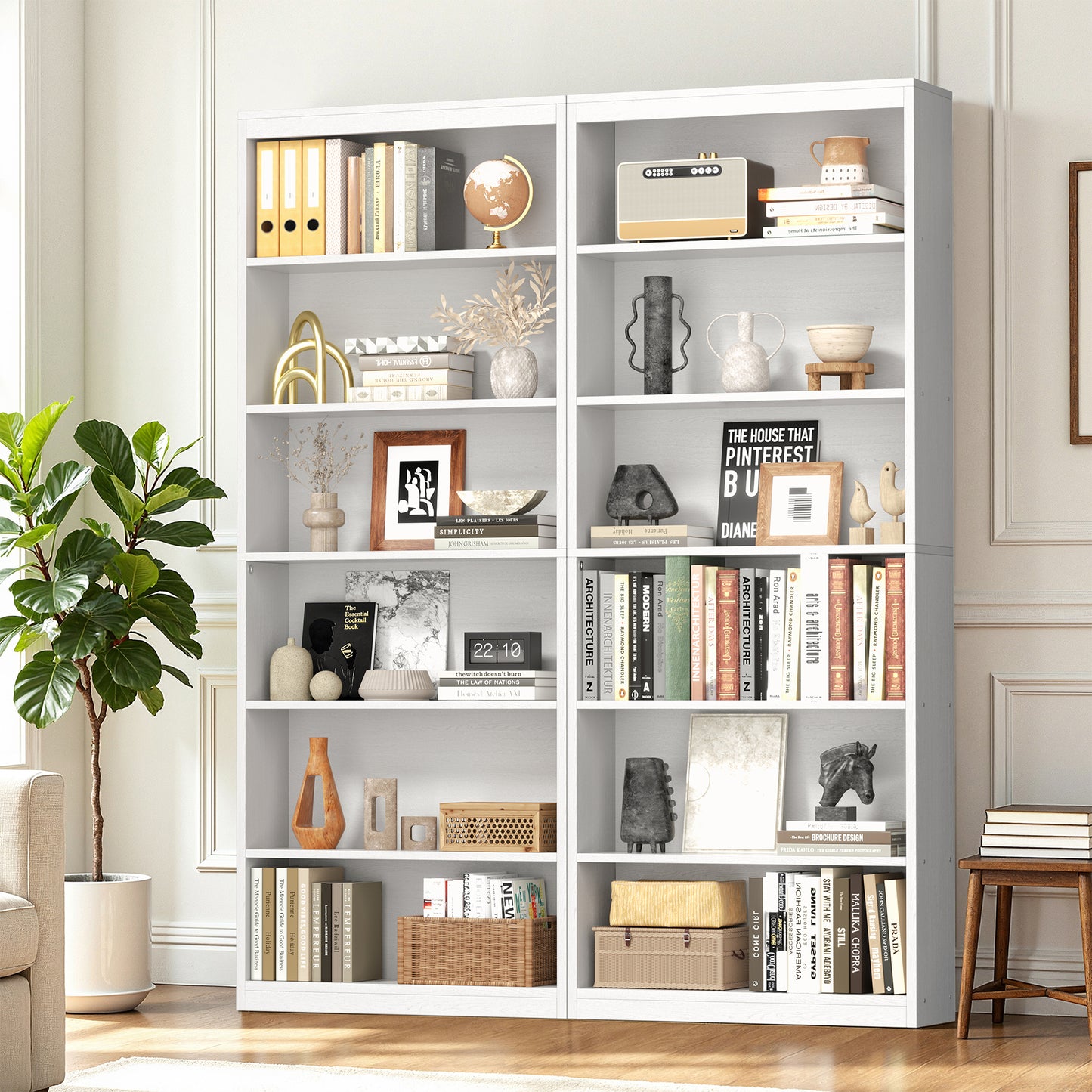 Walsunny 6 Tier Tall Bookshelf, Wooden Bookcase Display Shelf, Space-Saving Bookshelves with Deep Storage for Living Room, Office, Library