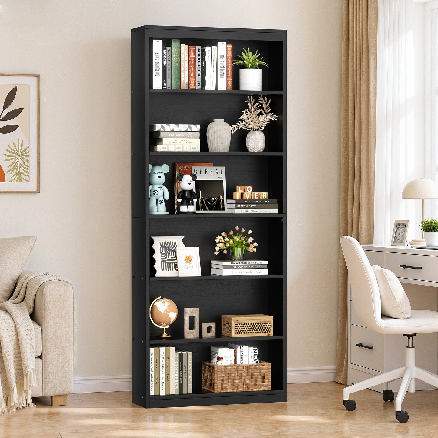 Walsunny 6 Tier Tall Bookshelf, Wooden Bookcase Display Shelf, Space-Saving Bookshelves with Deep Storage for Living Room, Office, Library