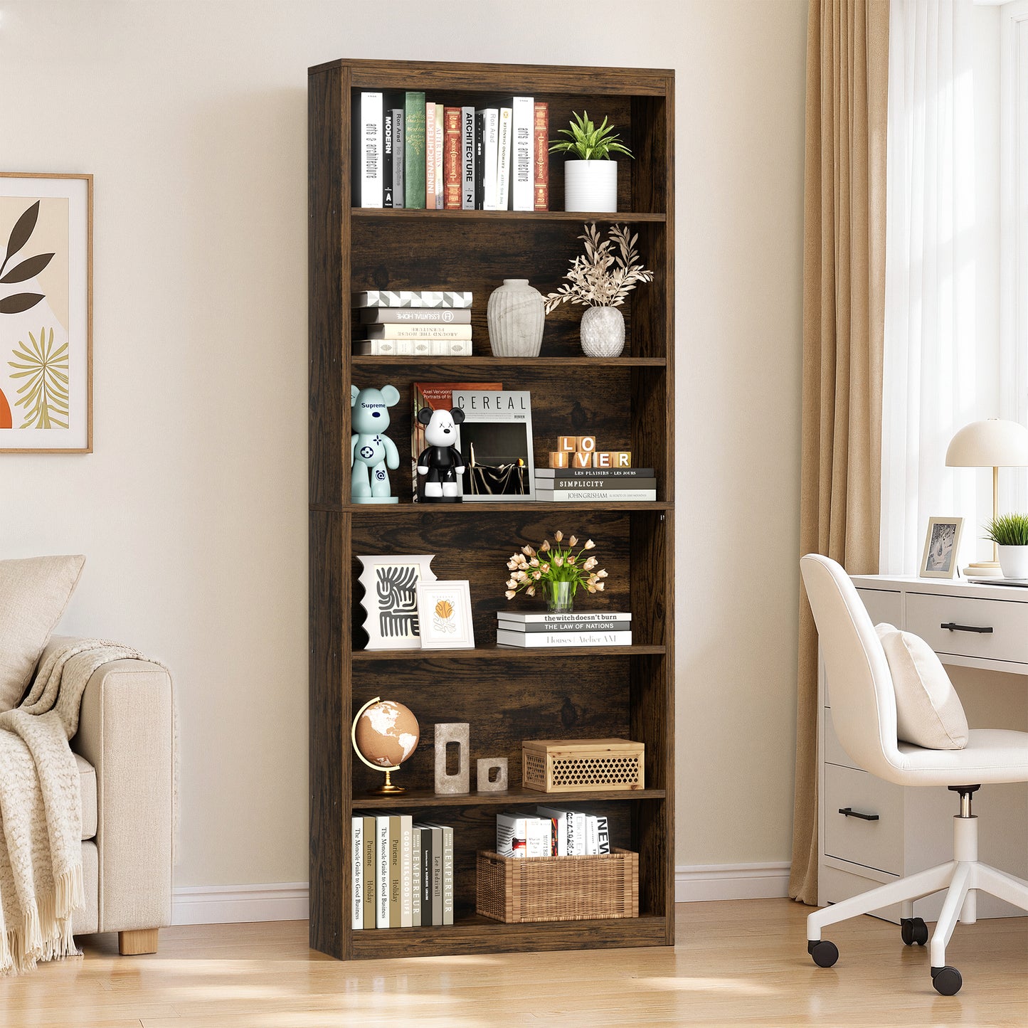 Walsunny 6 Tier Tall Bookshelf, Wooden Bookcase Display Shelf, Space-Saving Bookshelves with Deep Storage for Living Room, Office, Library