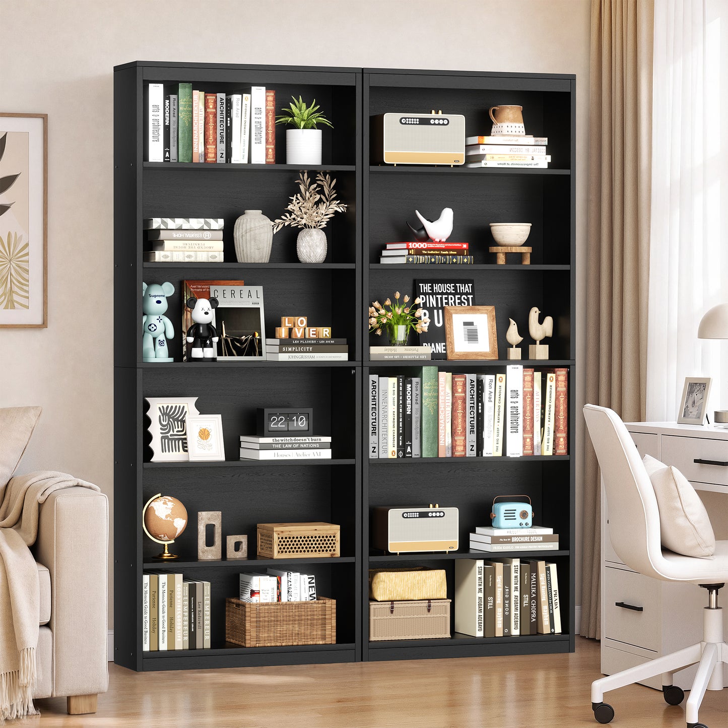 Walsunny 6 Tier Tall Bookshelf, Wooden Bookcase Display Shelf, Space-Saving Bookshelves with Deep Storage for Living Room, Office, Library