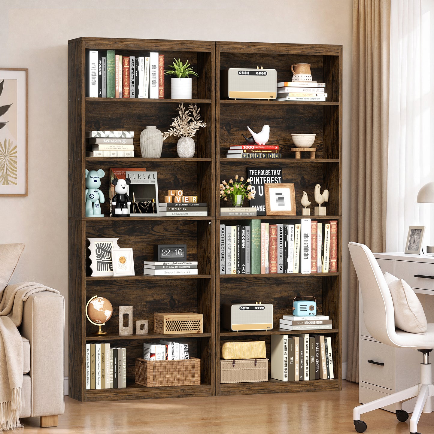 Walsunny 6 Tier Tall Bookshelf, Wooden Bookcase Display Shelf, Space-Saving Bookshelves with Deep Storage for Living Room, Office, Library